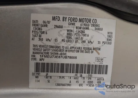 2007 Ford Explorer Xlt из США, поврежденный, VIN 1FMEU73E87UB78005